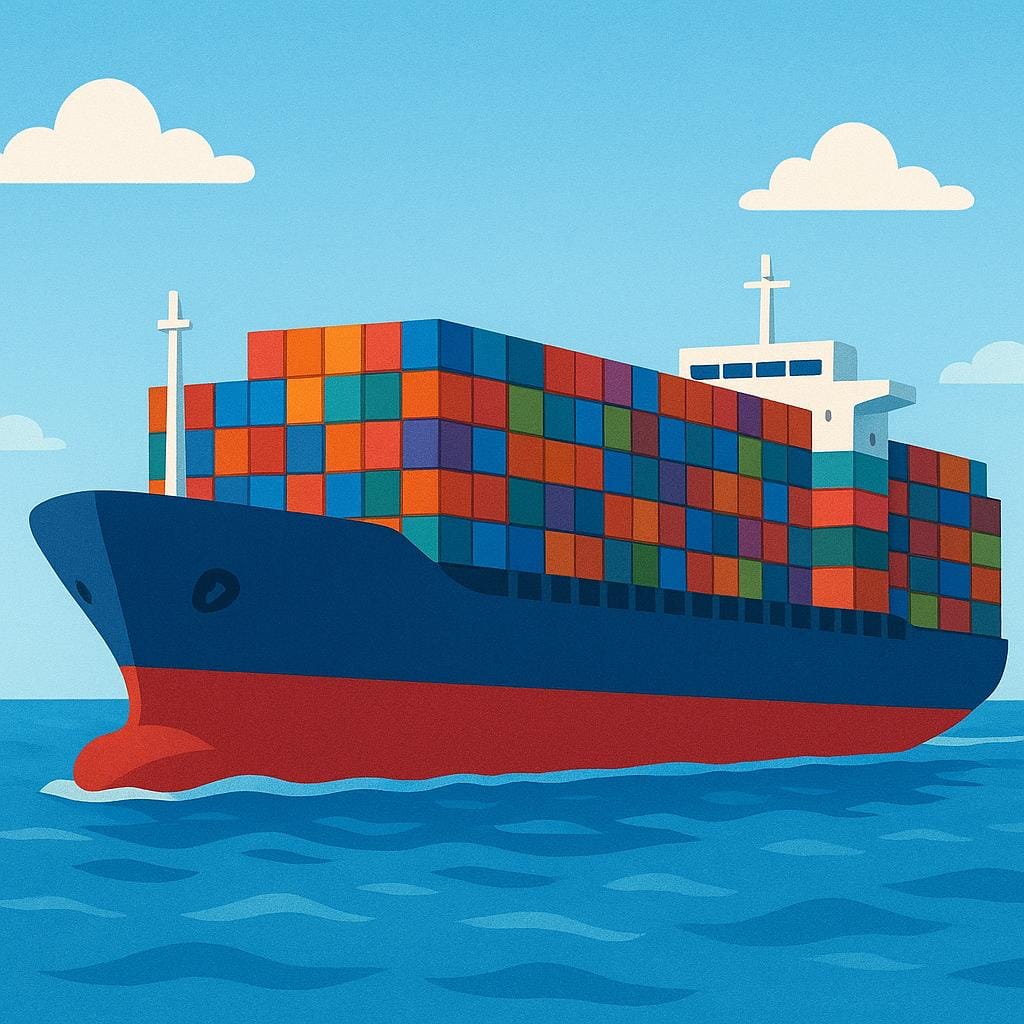 A massive red and blue container ship sailing across a calm blue ocean, carrying many stacked cargo containers, symbolizing commercial movement of goods.