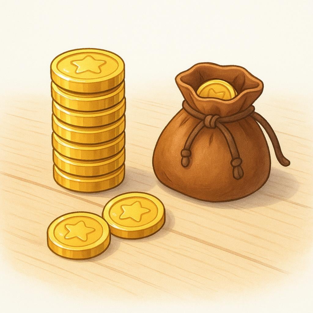 A stack of gold coins and a small leather pouch on a wooden table.