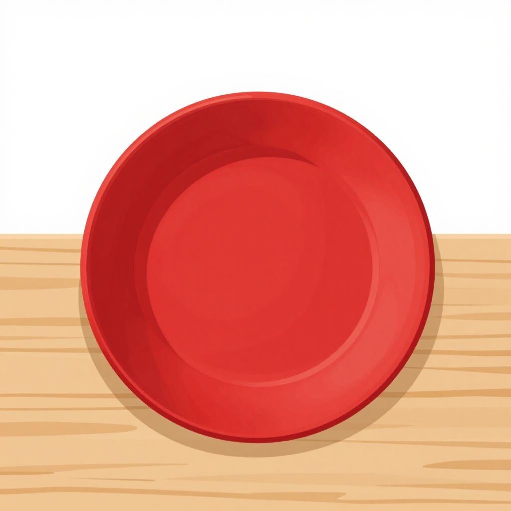 A bright red perfectly round plate on a wooden table.