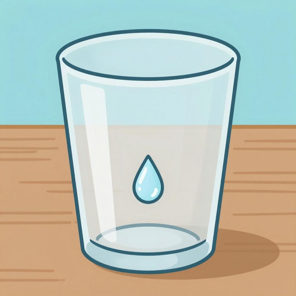 An empty glass sitting on a table with only a single drop of water at the bottom.