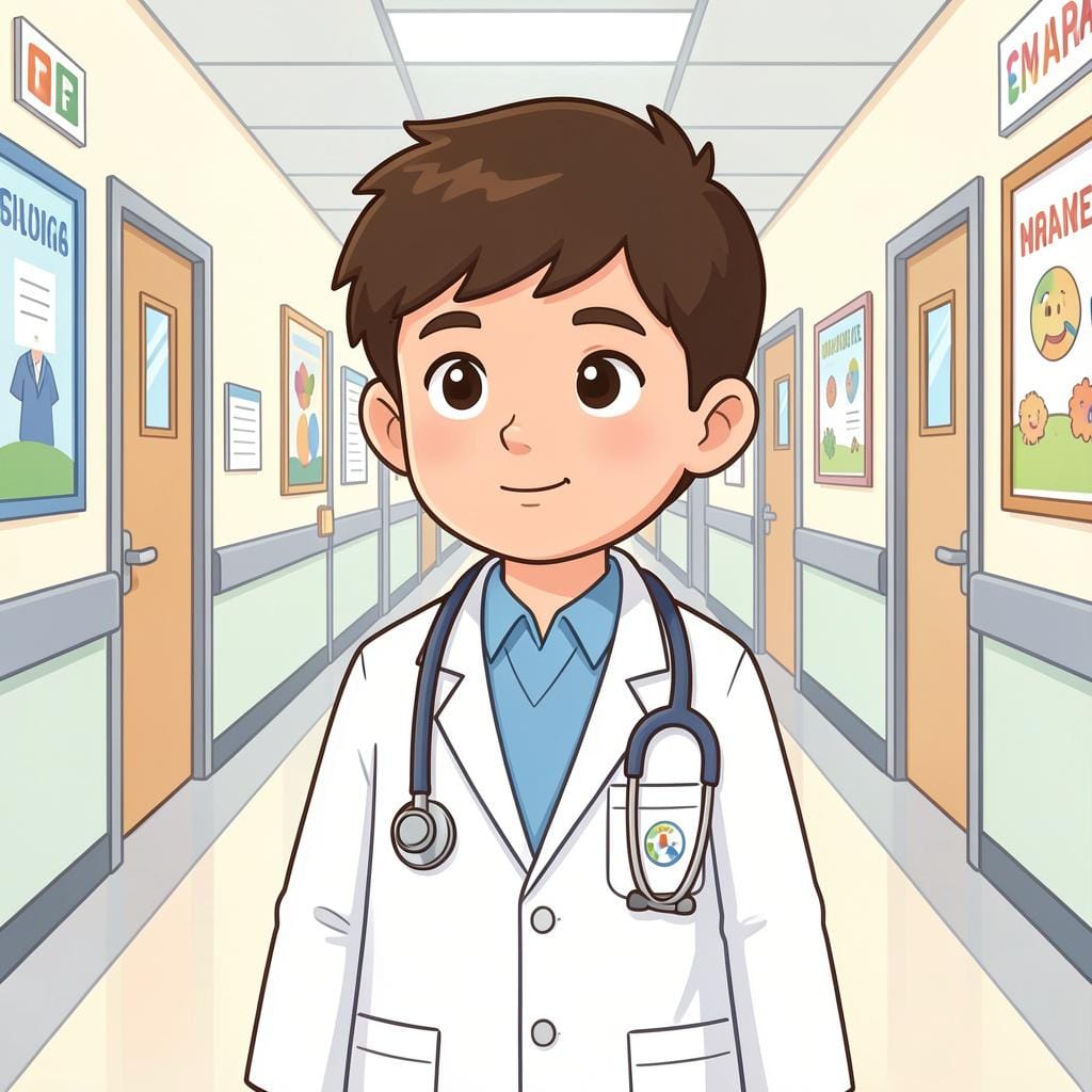 白衣を着て首に聴診器をかけた医師。