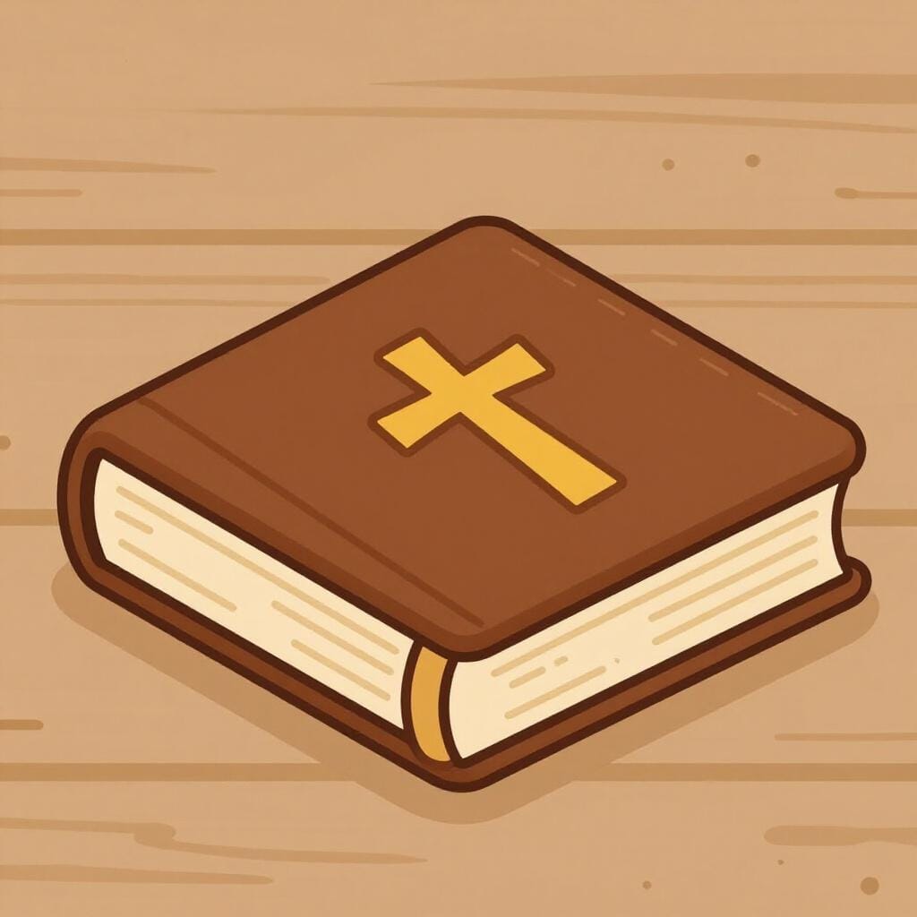 A thick, old leather-bound book with a golden cross on the cover, resting on a wooden table.