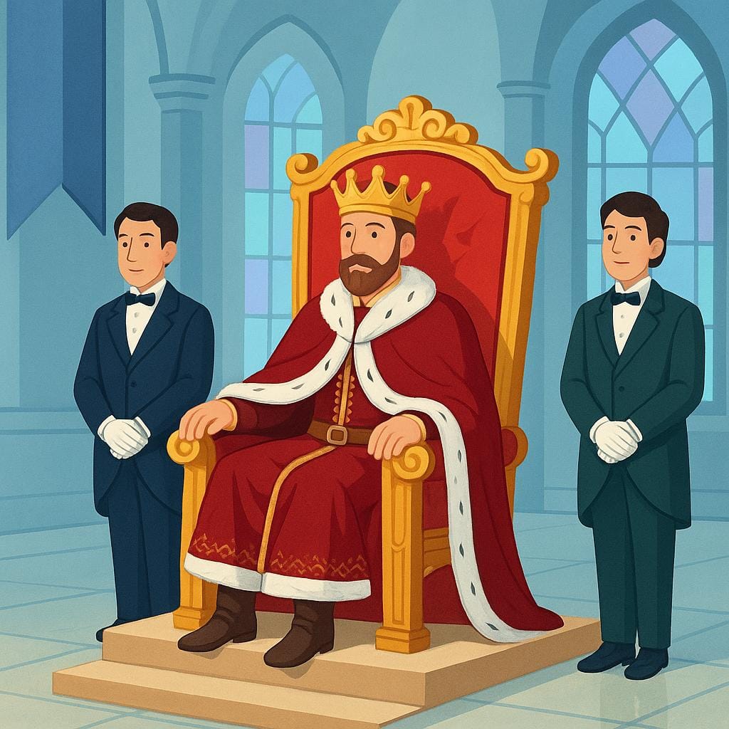 A grand, stylized illustration of a king sitting on a large, ornate throne, surrounded by two formally dressed courtiers inside a palace hall.