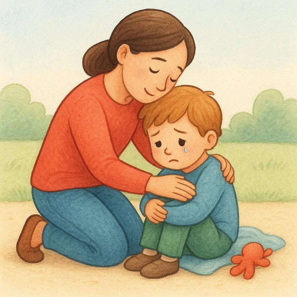 A person gently placing an arm around another person who is sitting down and looks sad, offering comfort and support.