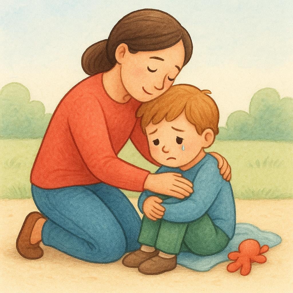 A person gently placing an arm around another person who is sitting down and looks sad, offering comfort and support.