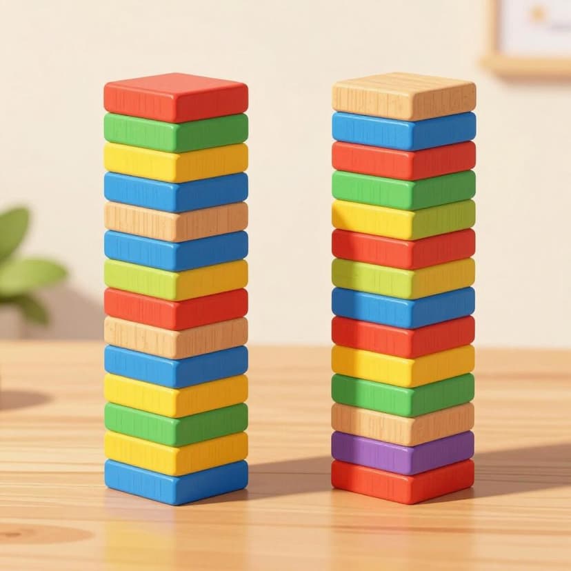 Due pile identiche di blocchi di legno colorati sedute una accanto all'altra su un tavolo.