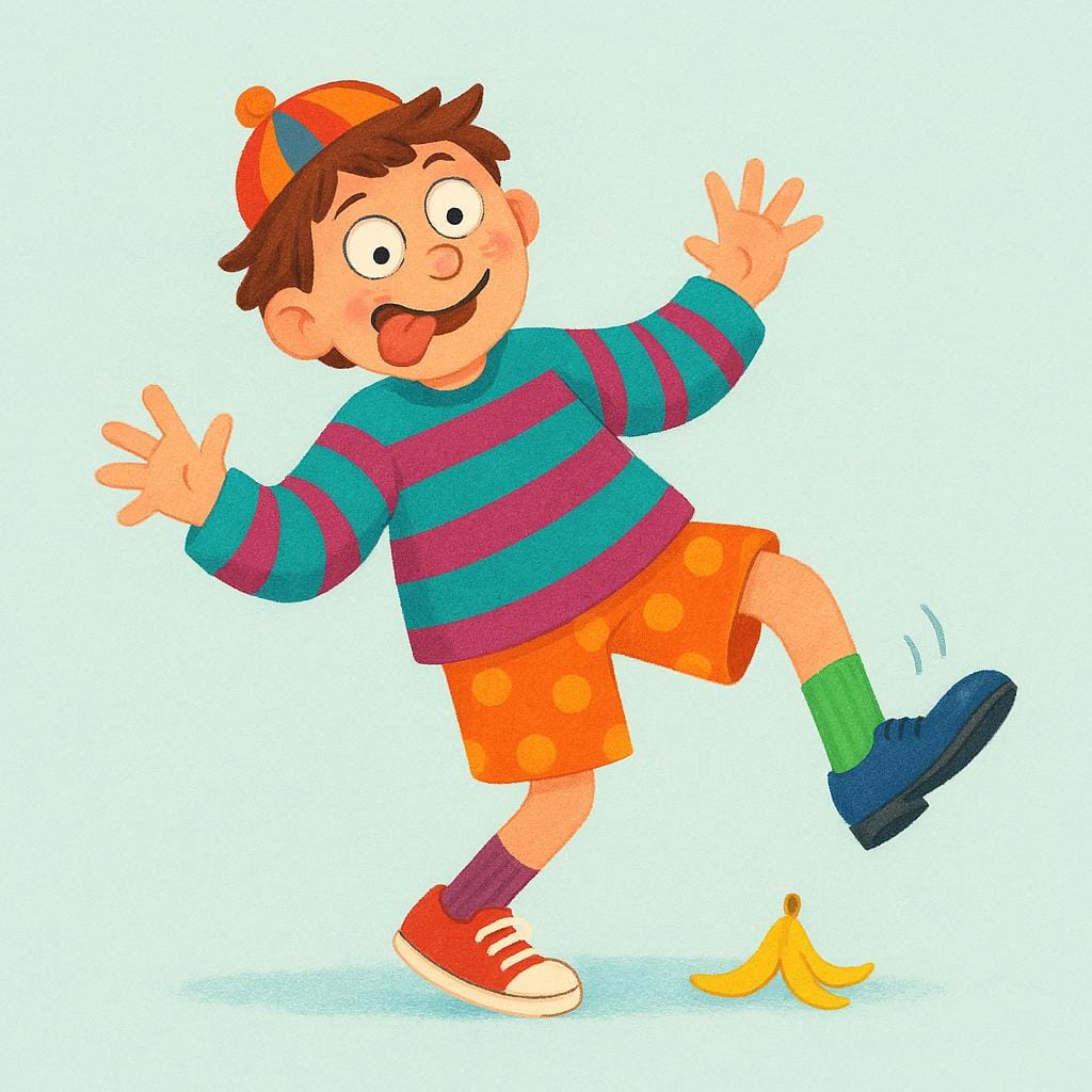 A person wearing mismatched, brightly colored clothes, making a dramatically silly face and sticking out their tongue, illustrating foolish behavior.