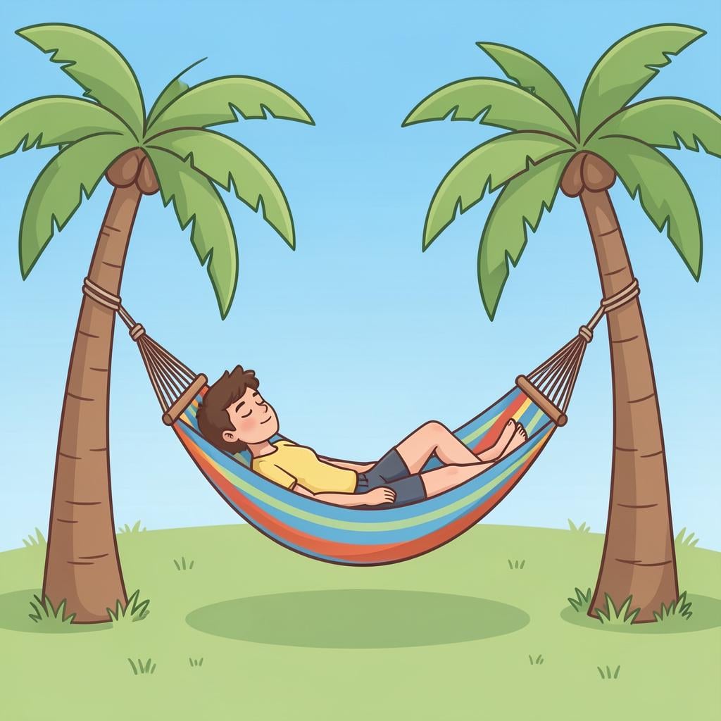 A person peacefully sleeping in a colorful hammock between two palm trees.