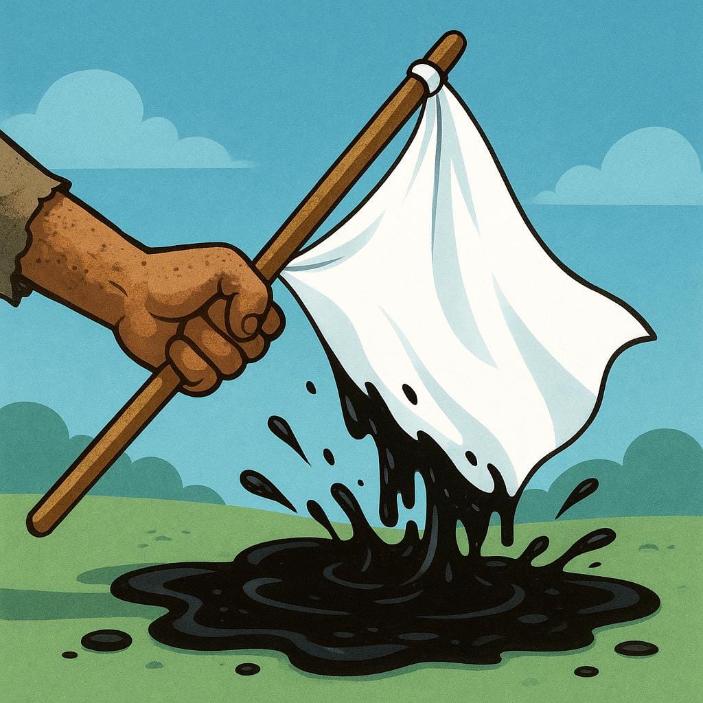 Ein sauberes, weißes Banner oder eine Flagge, die ein Prinzip symbolisiert, wird bei dem Versuch, es hochzuhalten, aggressiv von einer rauen, unsichtbaren Hand in eine große Pfütze aus dickem, schwarzem Schlamm gezogen, was Korruption symbolisiert.