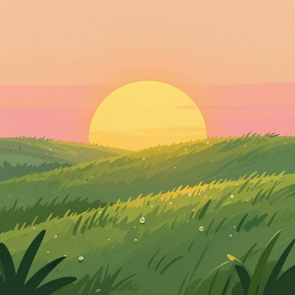 Um sol amarelo brilhante nascendo sobre colinas verdes com orvalho na grama.