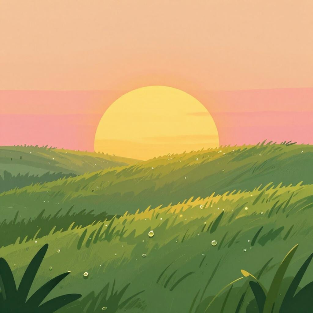 Eine strahlend gelbe Sonne geht über grünen Hügeln auf, mit Tau auf dem Gras.