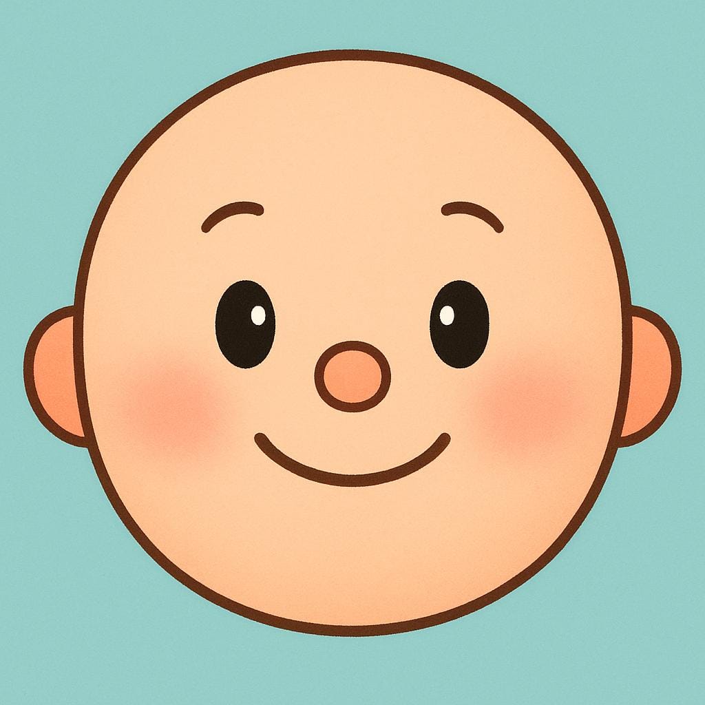 A close-up, simple illustration of a friendly human face, featuring large eyes and a gentle smile, set against a plain background.