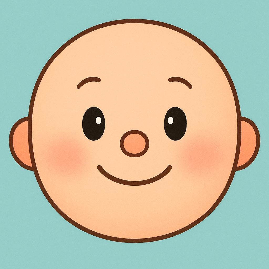 A close-up, simple illustration of a friendly human face, featuring large eyes and a gentle smile, set against a plain background.
