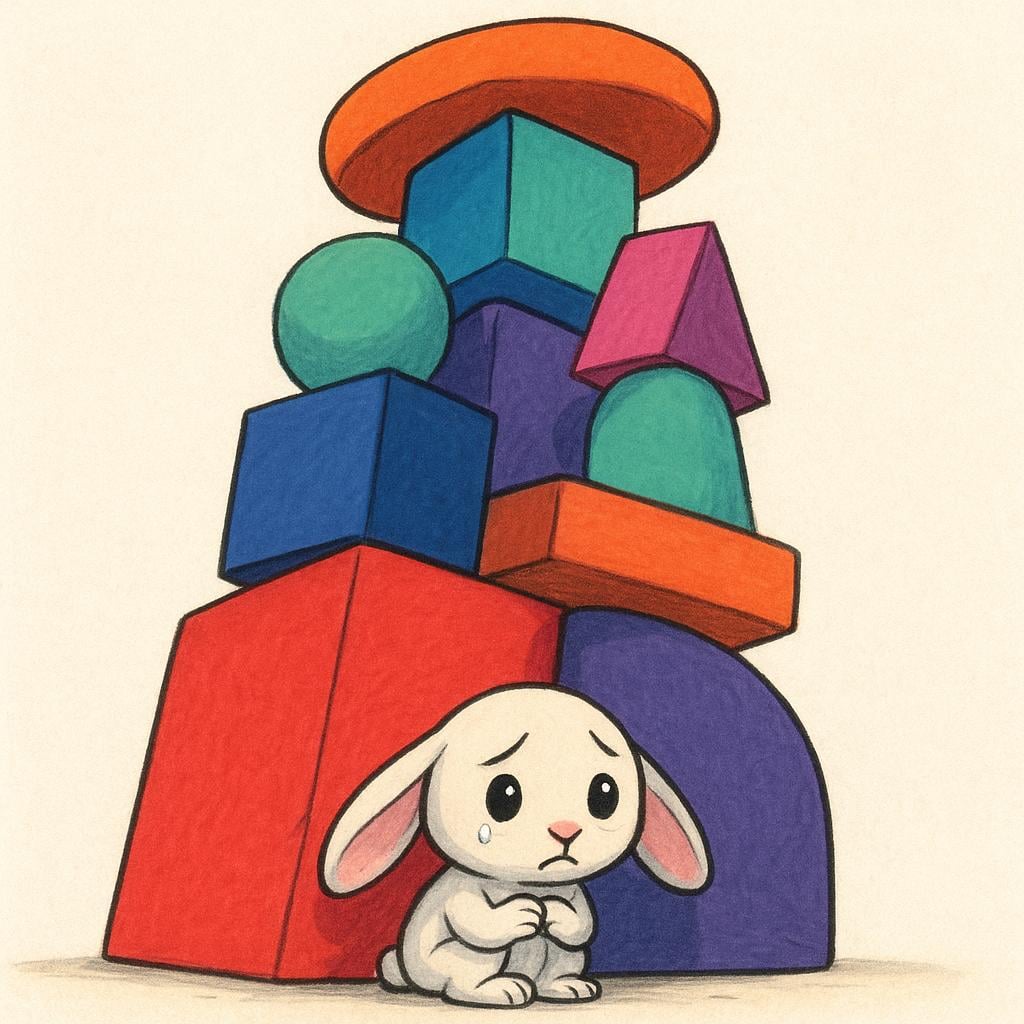 A tiny, worried rabbit is sitting on the ground, overwhelmed by a huge stack of colorful, imposing geometric shapes pressing down near them, symbolizing stress and demanding situations.