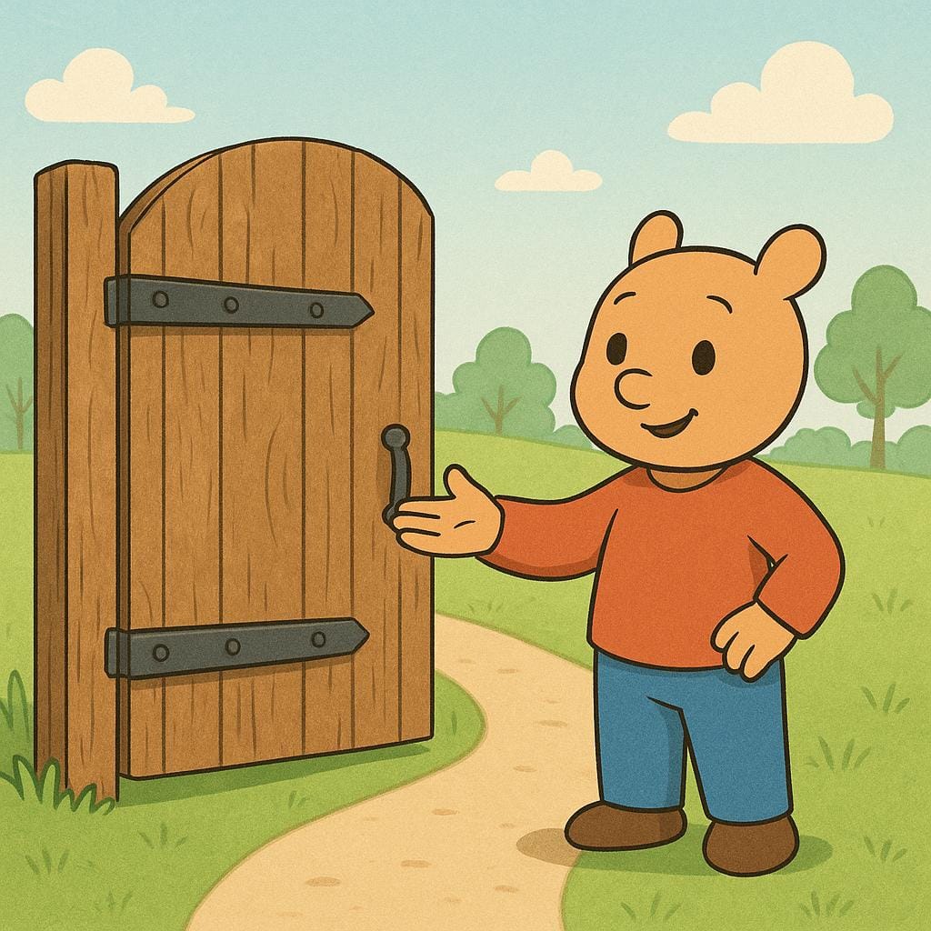 Una figura amichevole dei cartoni animati accanto a un cancello di legno spalancato, che fa un gesto invitante all'altra figura di passare, simboleggiando il permesso.
