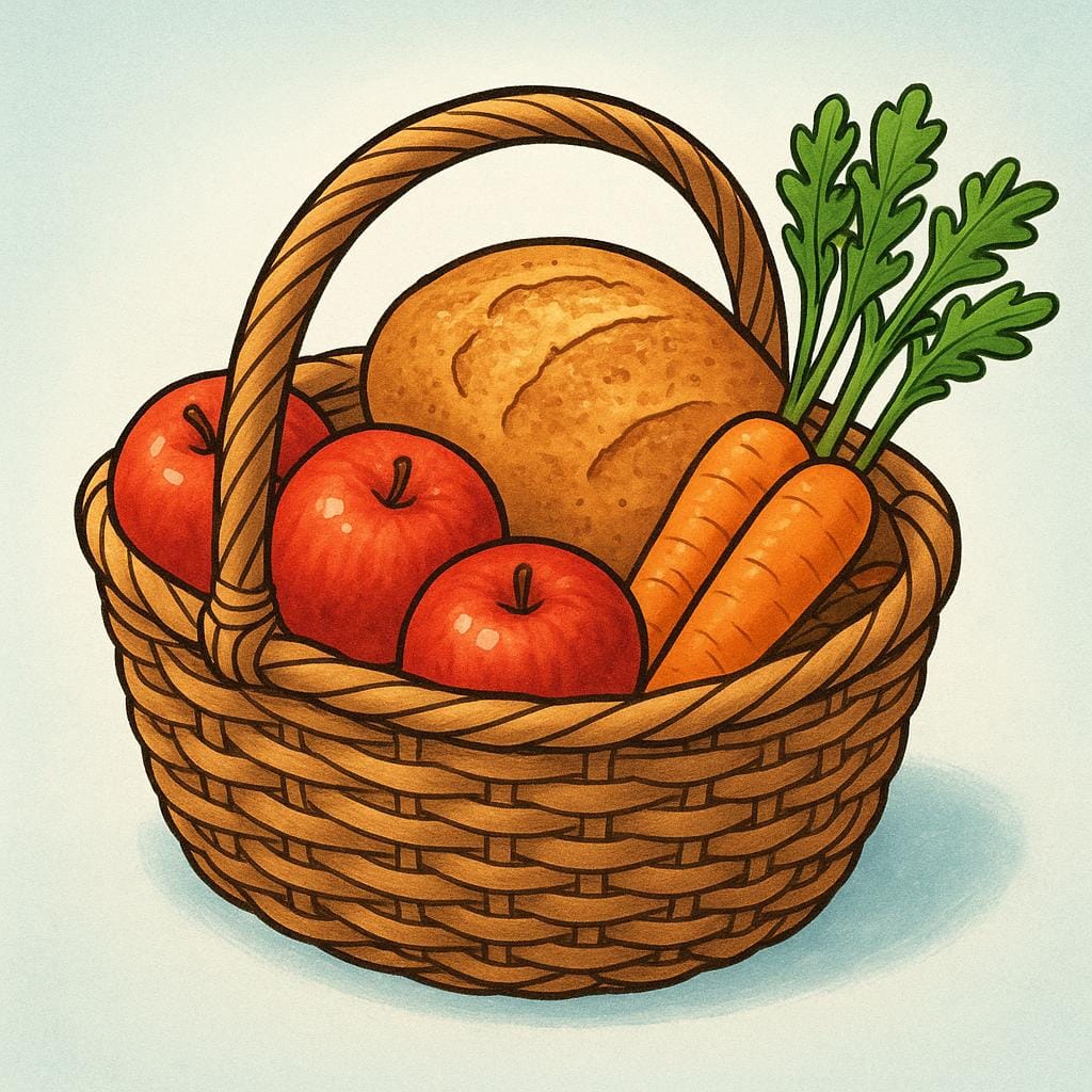 A simple woven wicker basket filled generously and overflowing with fresh harvest items like apples, carrots, and a small loaf of bread, symbolizing sustenance.