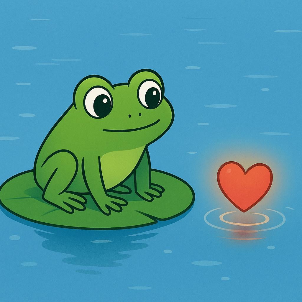 A simple green cartoon frog sitting on a lily pad with very wide, expressive, eager eyes, focused intensely on a glowing red heart shape floating nearby, symbolizing intense desire.