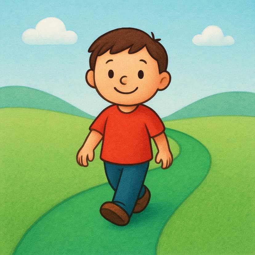 A happy child walking briskly down a path, clearly approaching the viewer or a specified destination.