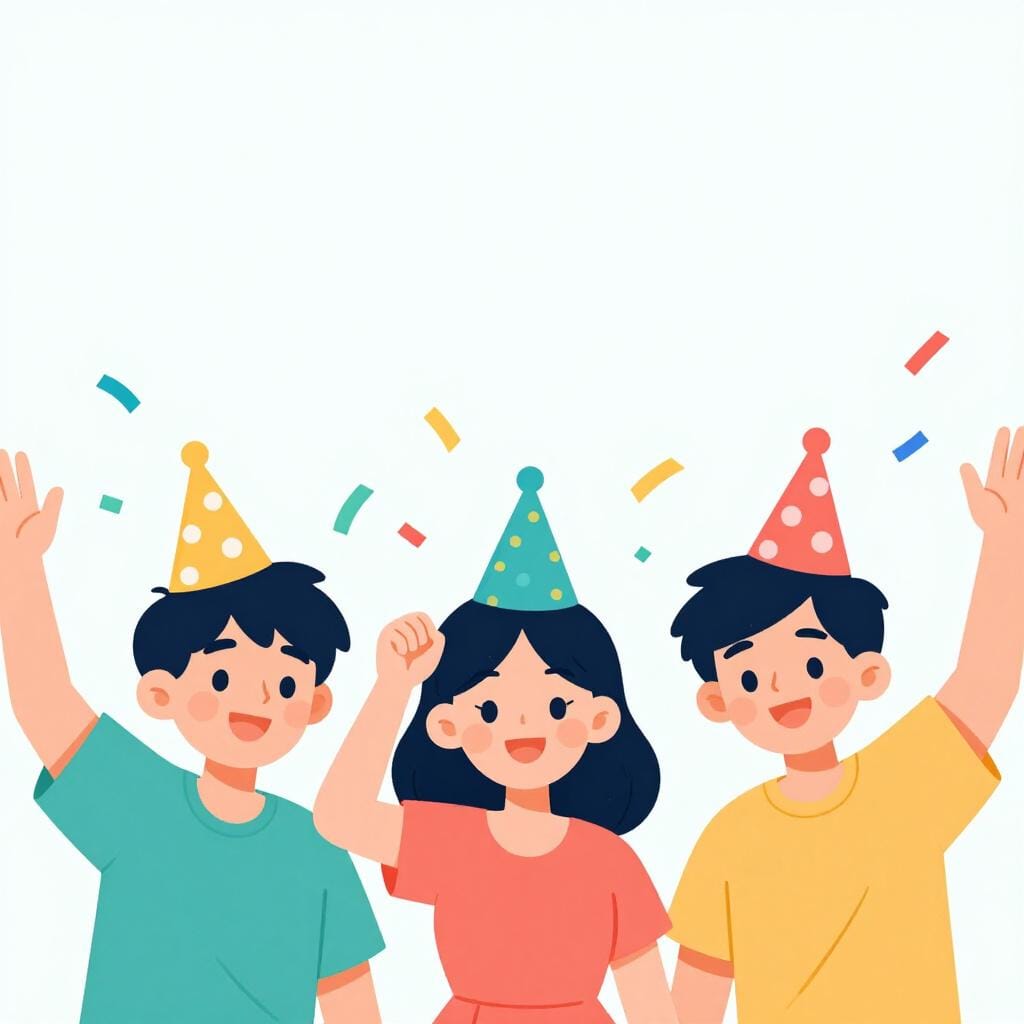 화려한 색상의 색종이를 공중으로 던지며 파티 모자를 쓰고 있는 행복한 친구들 그룹.