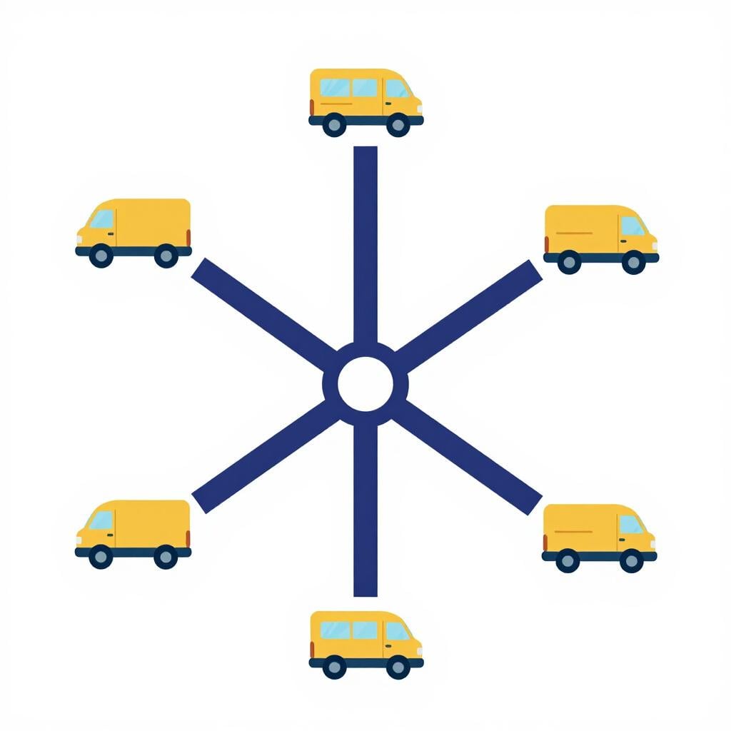 A network of interconnected glowing lines on a dark background, with small delivery trucks at various points.