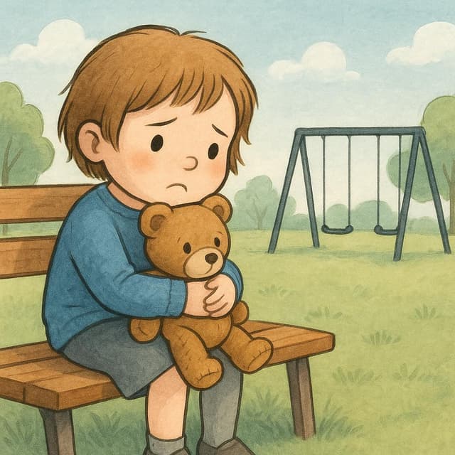 A child sits alone on a park bench, hugging a teddy bear and looking wistfully at an empty swing set, illustrating the feeling of absence and longing.