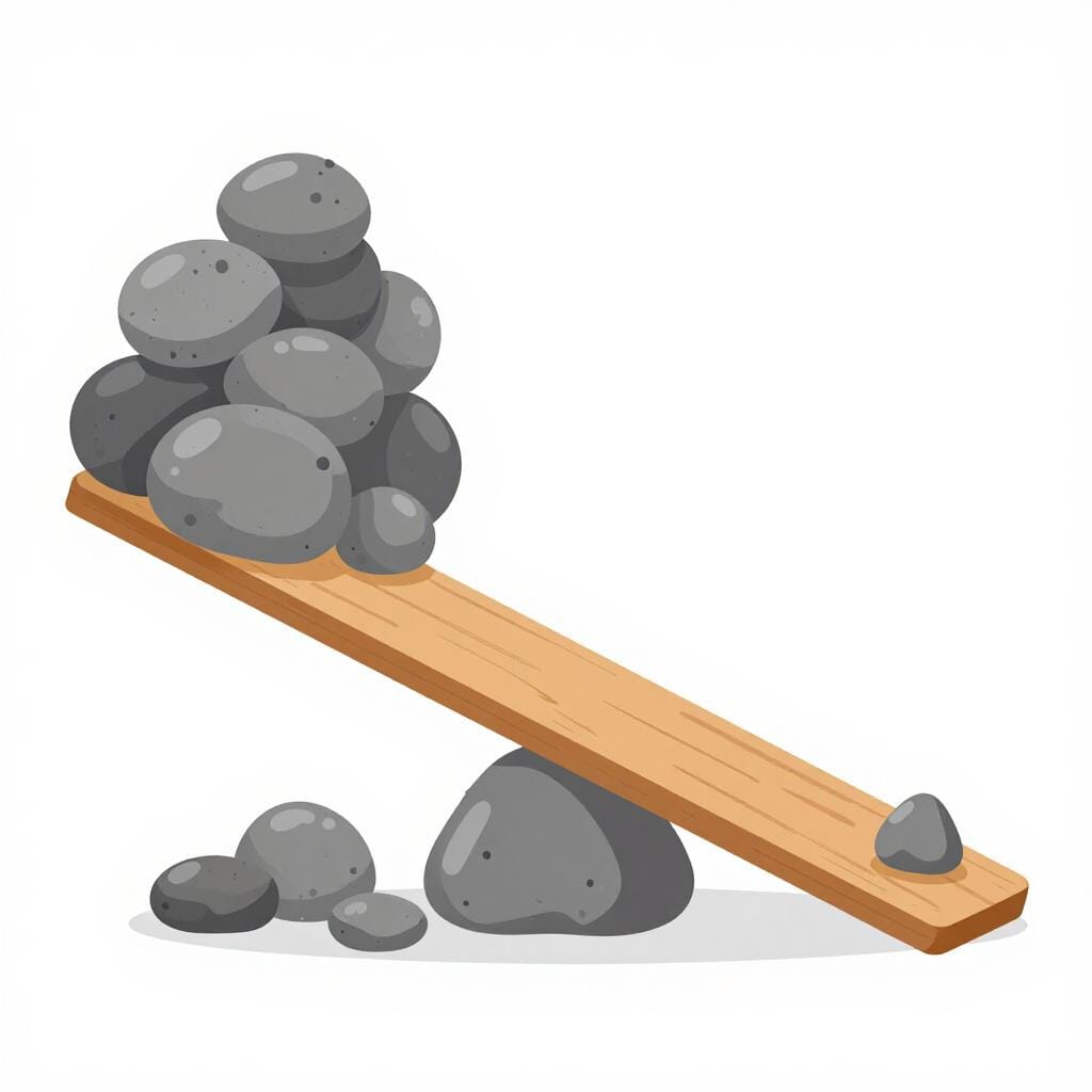 A wooden plank balancing on a central pivot with several heavy rocks on one side and a single small pebble on the other, causing it to tip sharply.