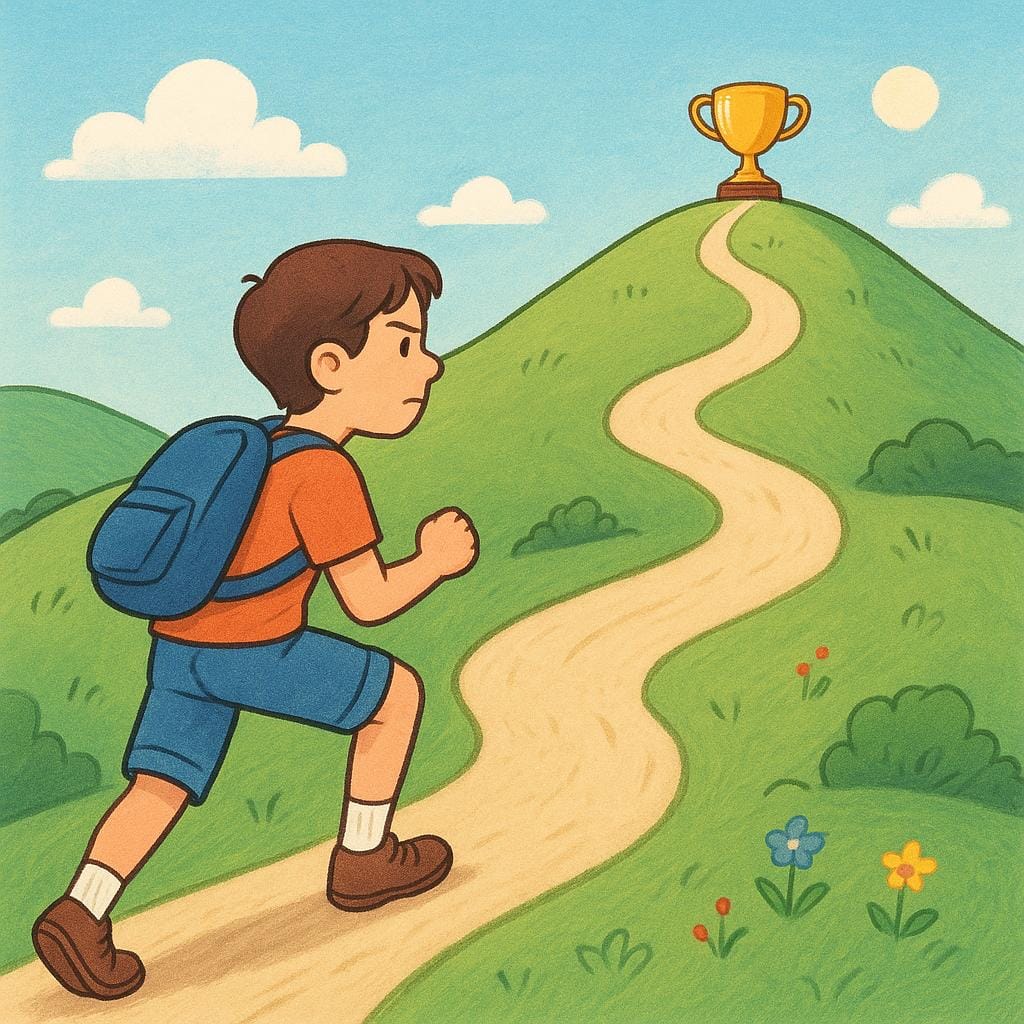 Eine Bilderbuchillustration einer Person, die einen gewundenen Pfad hinaufwandert, fokussiert auf eine kleine, glänzende goldene Trophäe, die weit entfernt auf einem Berggipfel sichtbar ist und das Verfolgen eines Ziels symbolisiert.