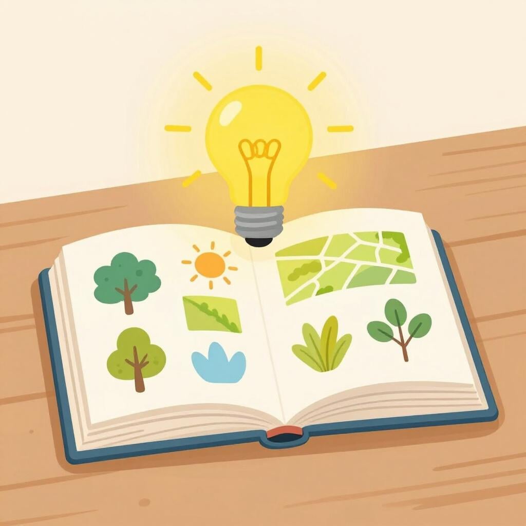 A colorful open book with a lightbulb glowing above it, showing various maps and diagrams on the pages.
