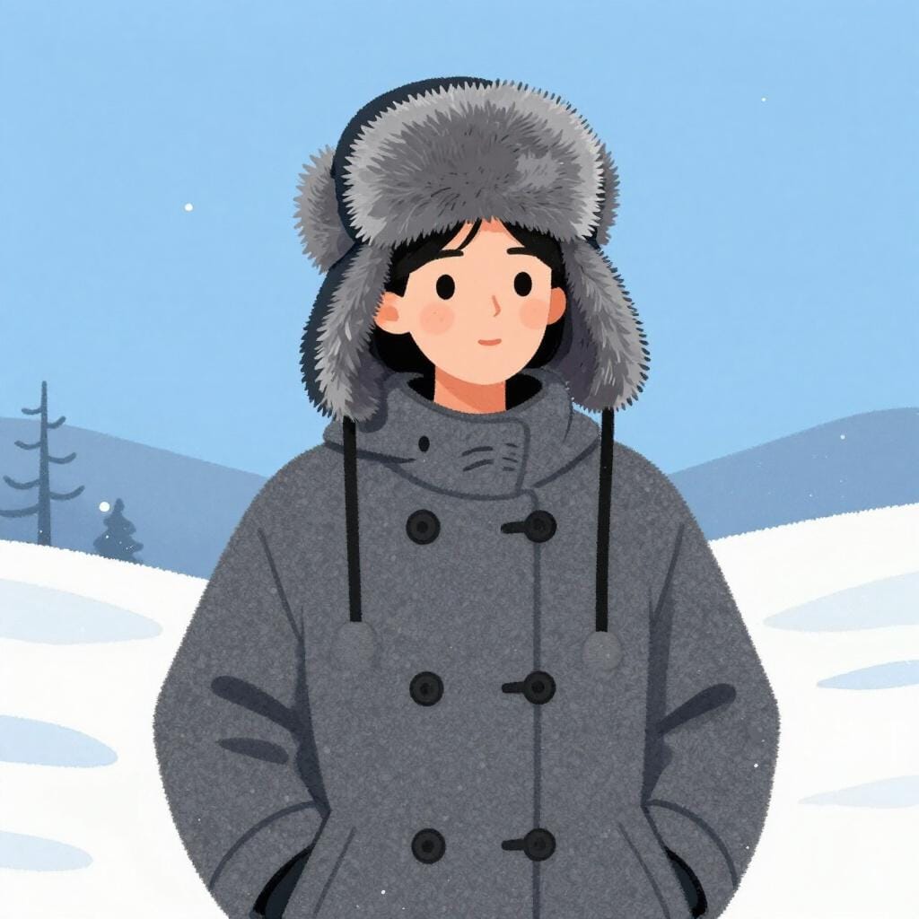 Eine Person, die einen traditionellen dicken grauen Wintermantel und eine pelzige Uschanka-Mütze mit Ohrenklappen trägt.