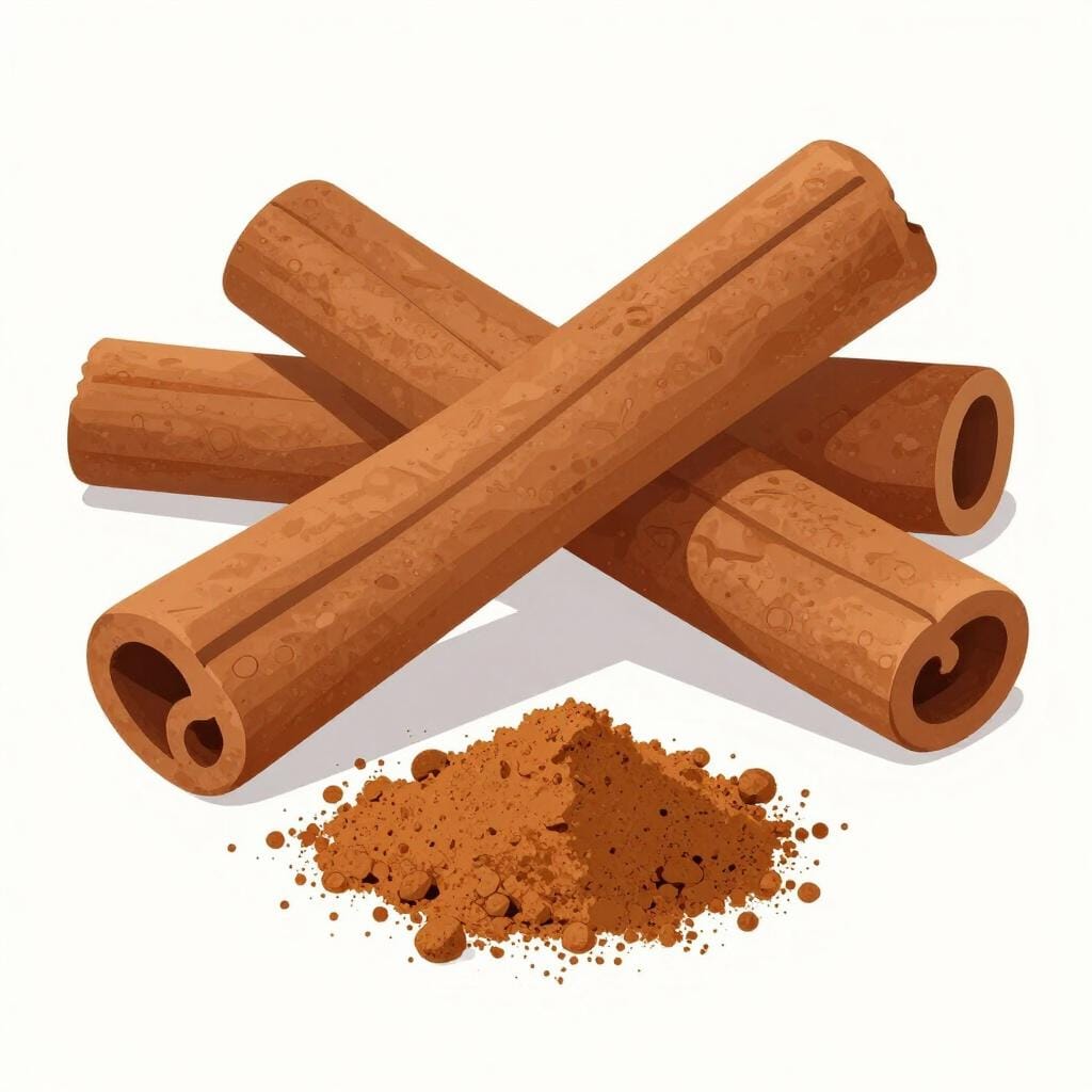A few brown cinnamon sticks tied with a piece of twine next to a small pile of ground cinnamon powder.