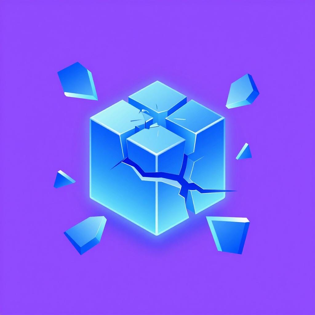 A glowing blue cube that is crumbling and breaking into messy, jagged fragments.