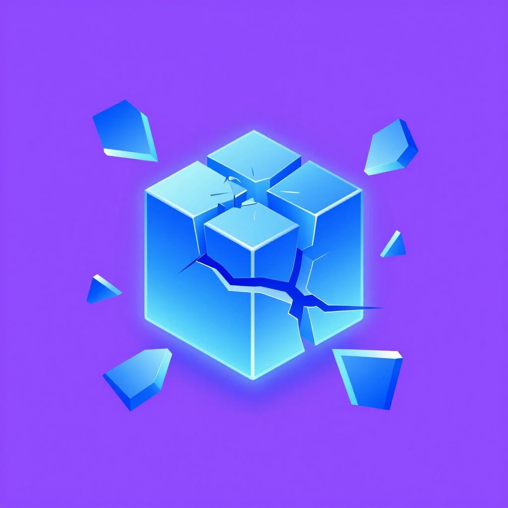 A glowing blue cube that is crumbling and breaking into messy, jagged fragments.