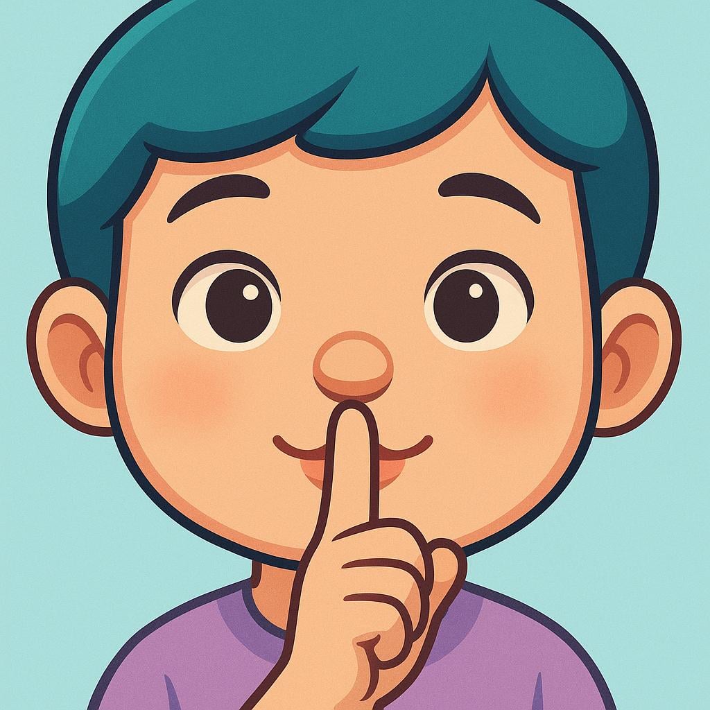 Un'illustrazione semplificata di un viso con un singolo indice premuto verticalmente sulle labbra chiuse, che indica silenzio o intimazione di tacere.