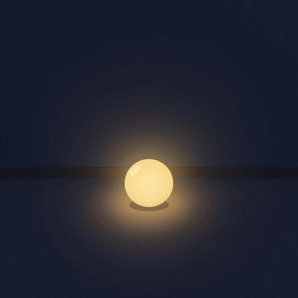 Een enkele kleine, zwakke gloeiende gouden lichtbol in een donkere ruimte.