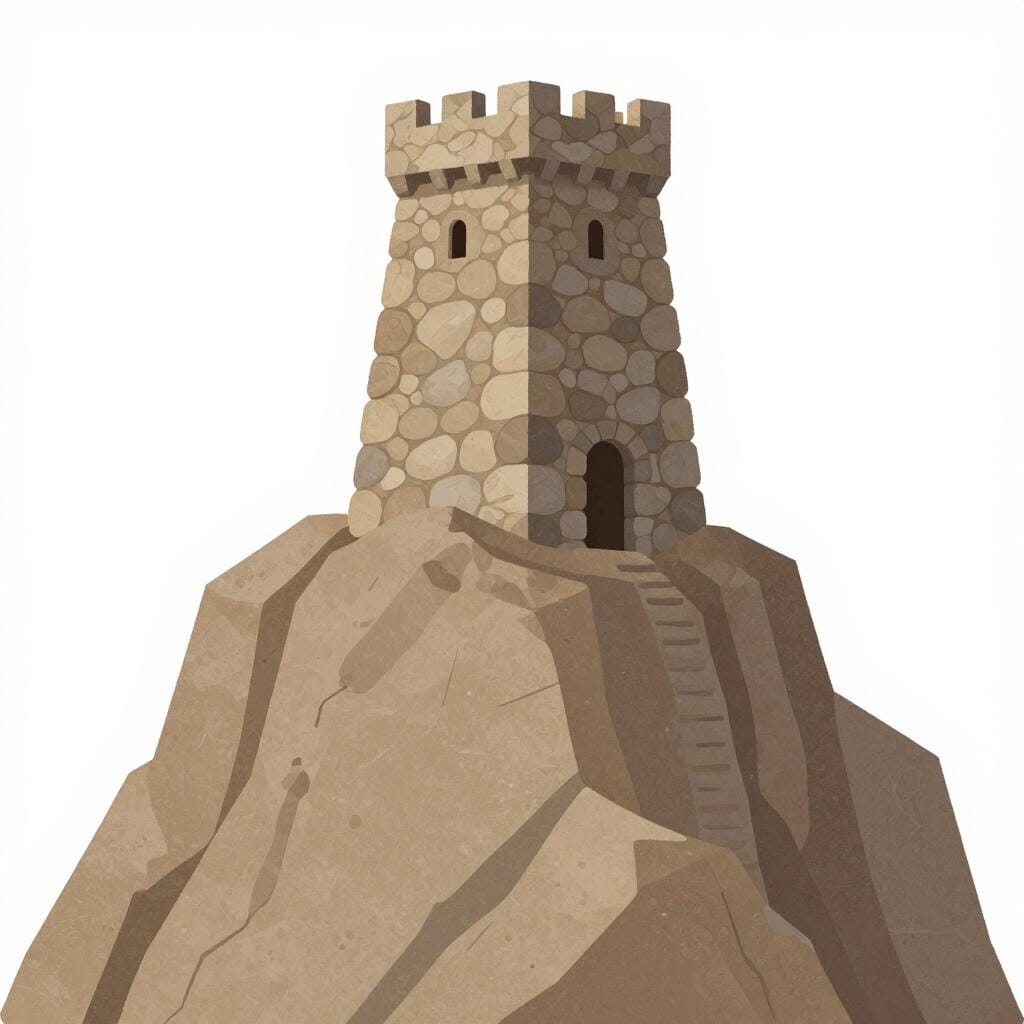 Een grote, solide stenen toren stevig geworteld in een rotsachtige bergbasis.