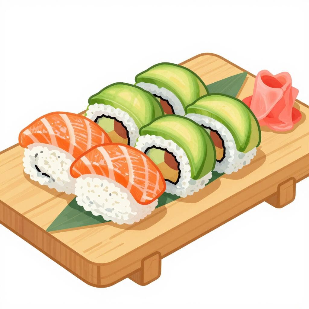 A colorful plate of various sushi pieces, including nigiri with salmon and a few vegetable rolls, served with a small side of ginger.