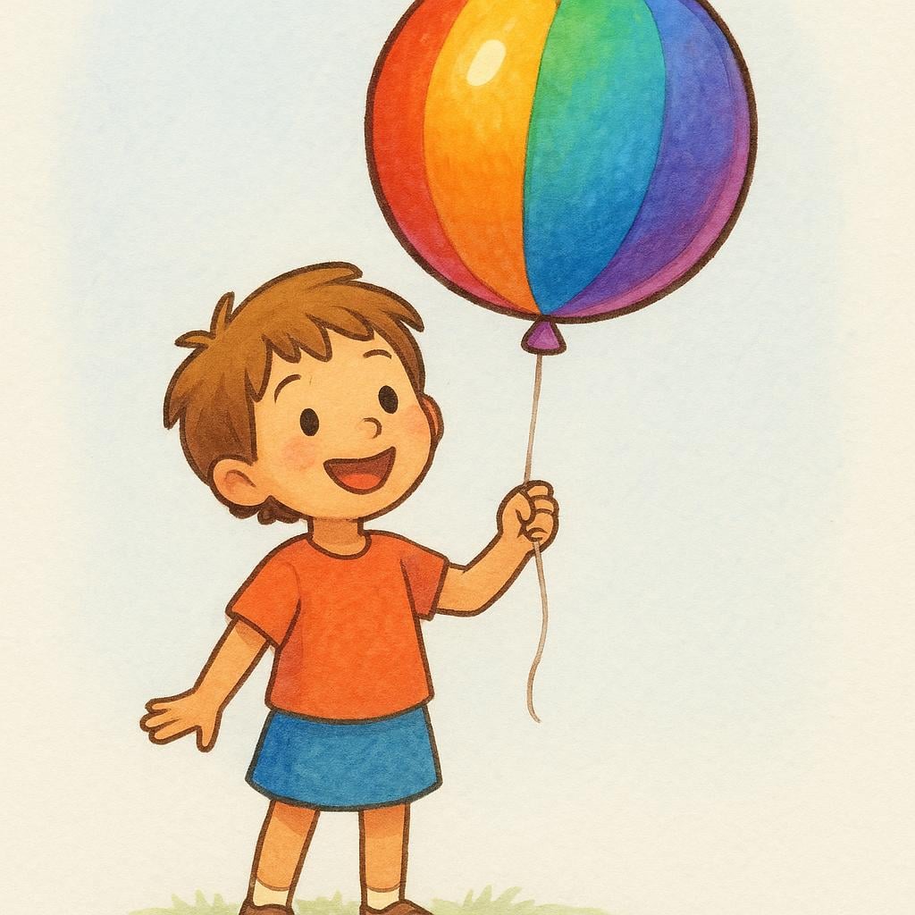A delighted child standing outdoors, happily holding a large, newly acquired blue balloon on a string.
