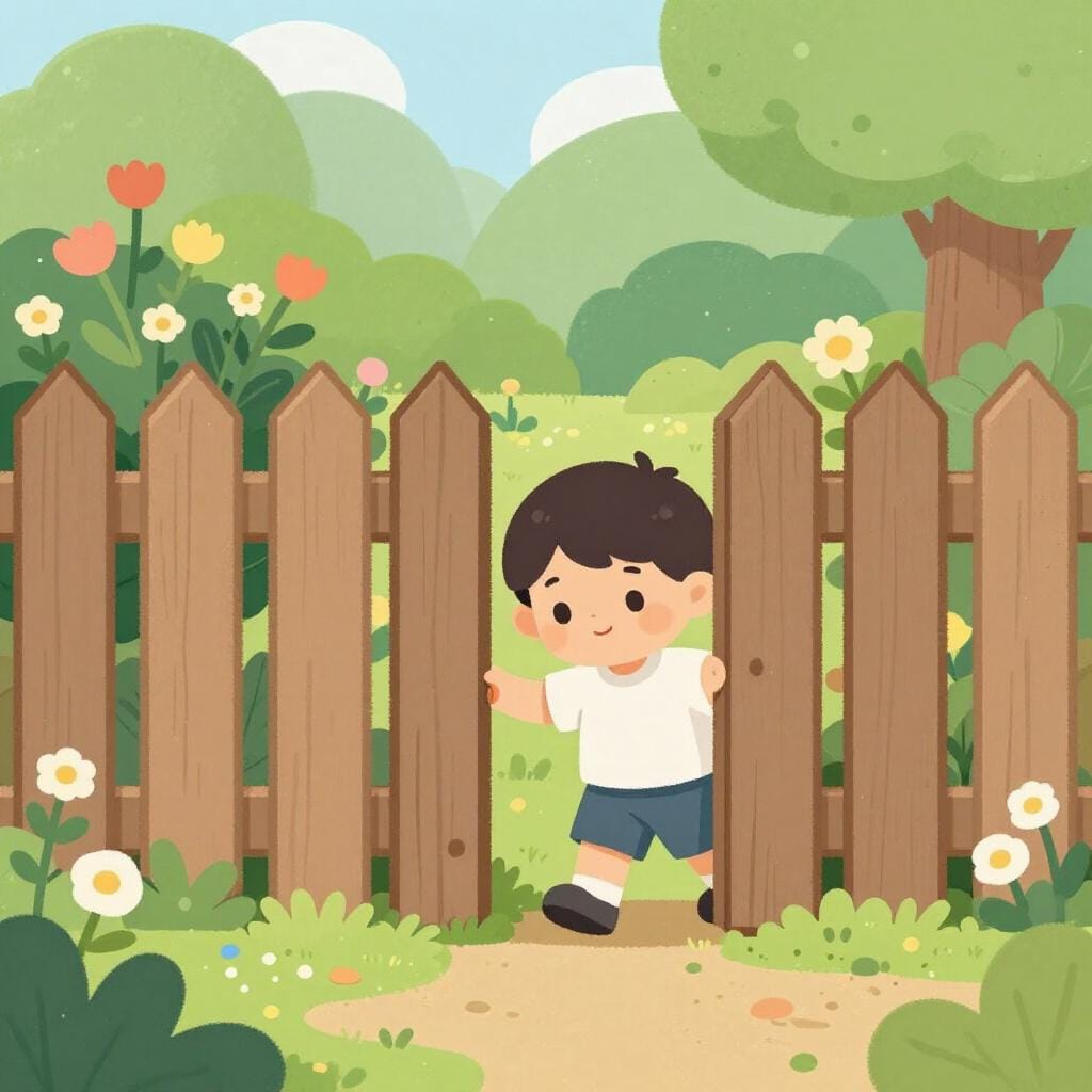 Un bambino piccolo che cammina in punta di piedi dietro un grande cespuglio per entrare in un giardino.