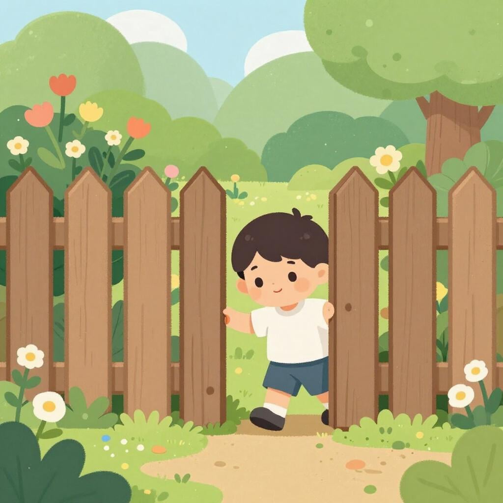 Ein kleines Kind schleicht sich leise hinter einem großen Busch vorbei, um in einen Garten zu gelangen.