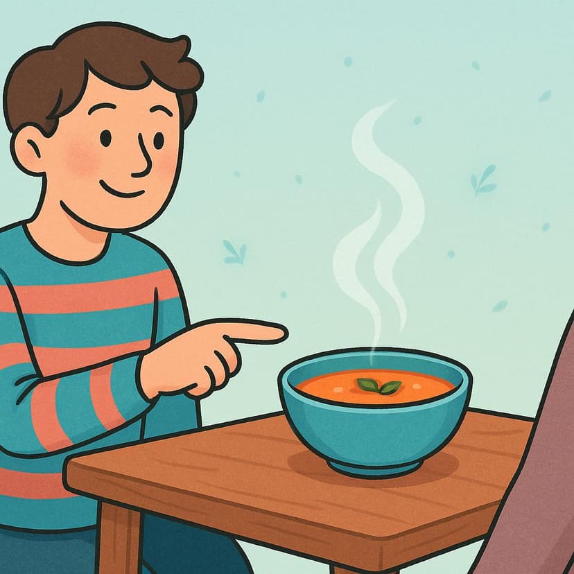 A friendly person smiling and pointing towards a delicious-looking bowl of steaming soup on a wooden table.