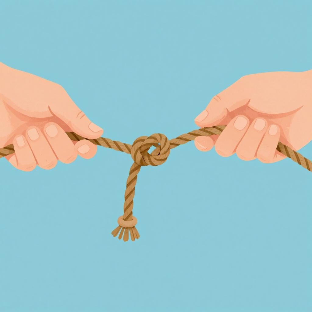 太いロープの簡単な結び目をほどいている手のクローズアップ。