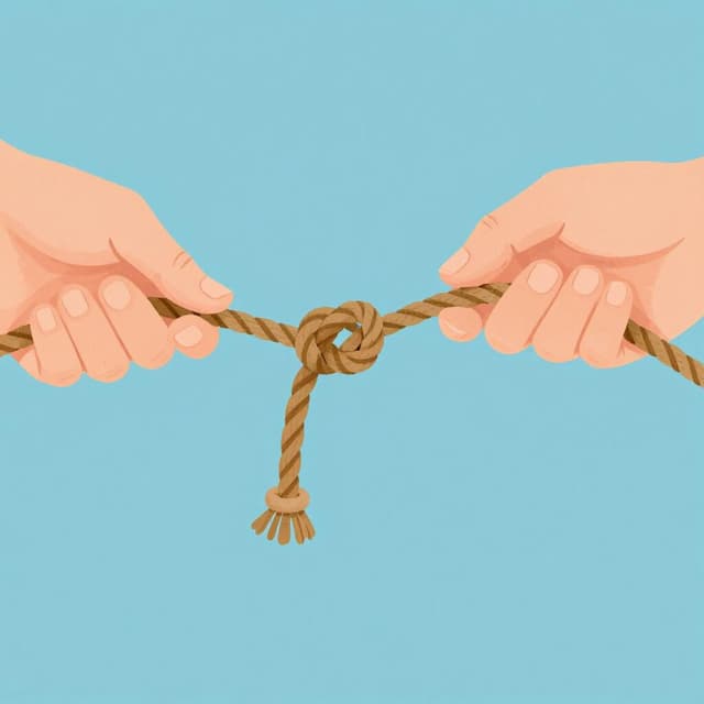 A close-up of a hand loosening a simple knot in a thick rope.