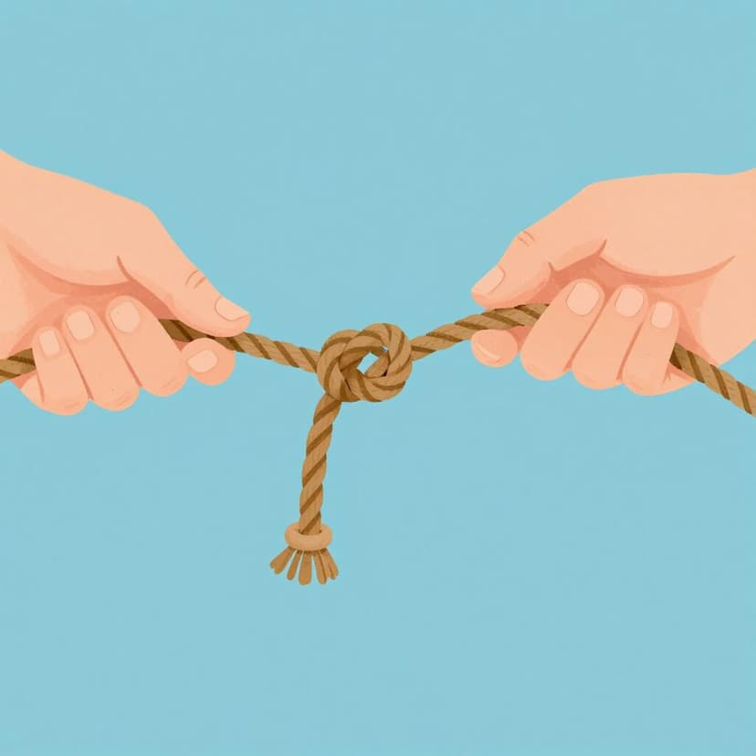 太いロープの簡単な結び目をほどいている手のクローズアップ。