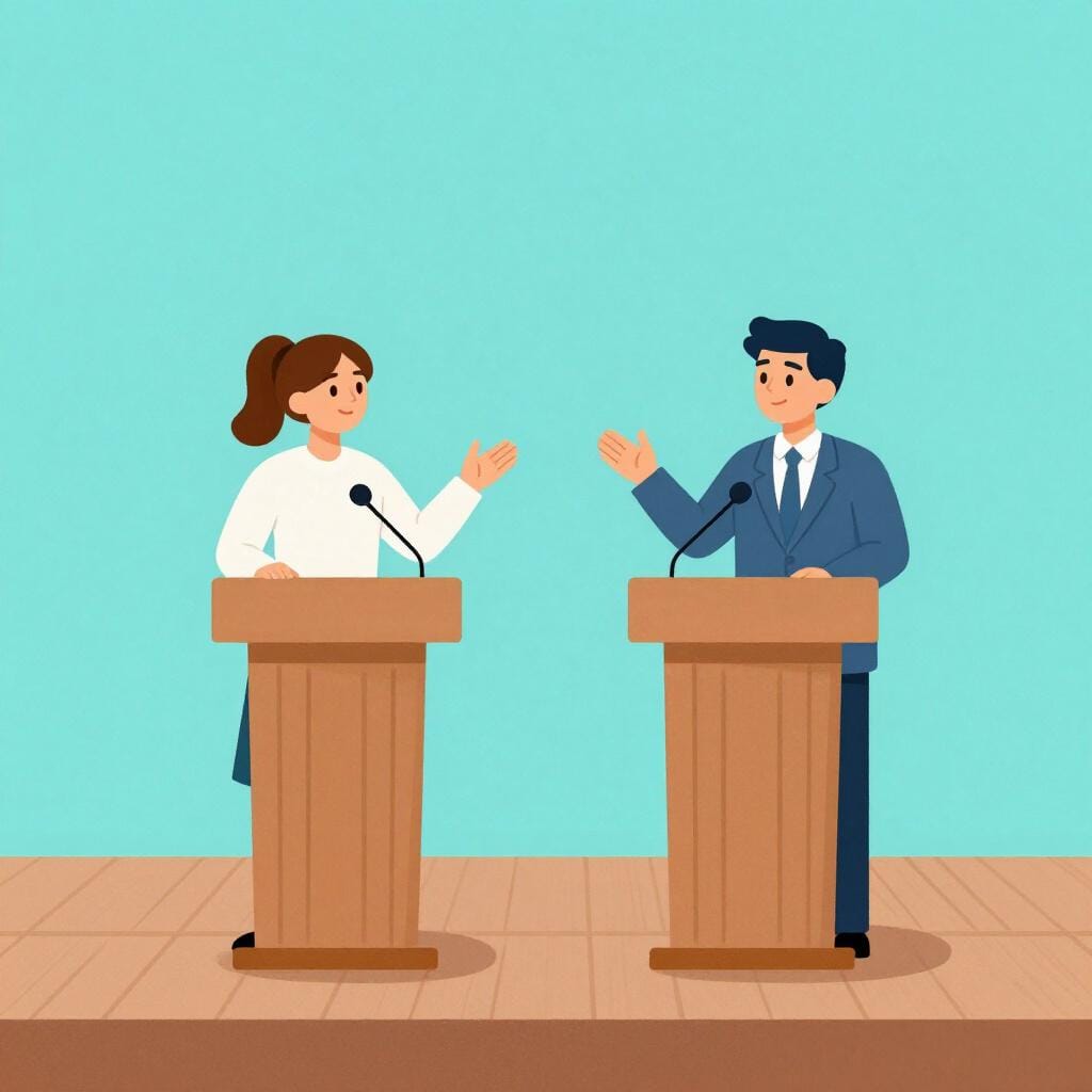 Twee mensen staan achter een spreekgestoelte op een podium, gebaren expressief alsof ze een debat voeren.