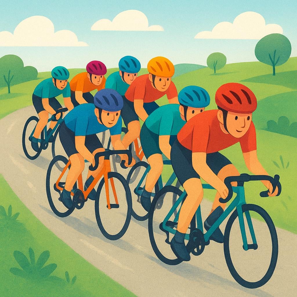 A dense cluster of cyclists wearing brightly colored jerseys riding bicycles very close together down a winding road, illustrating a peloton.