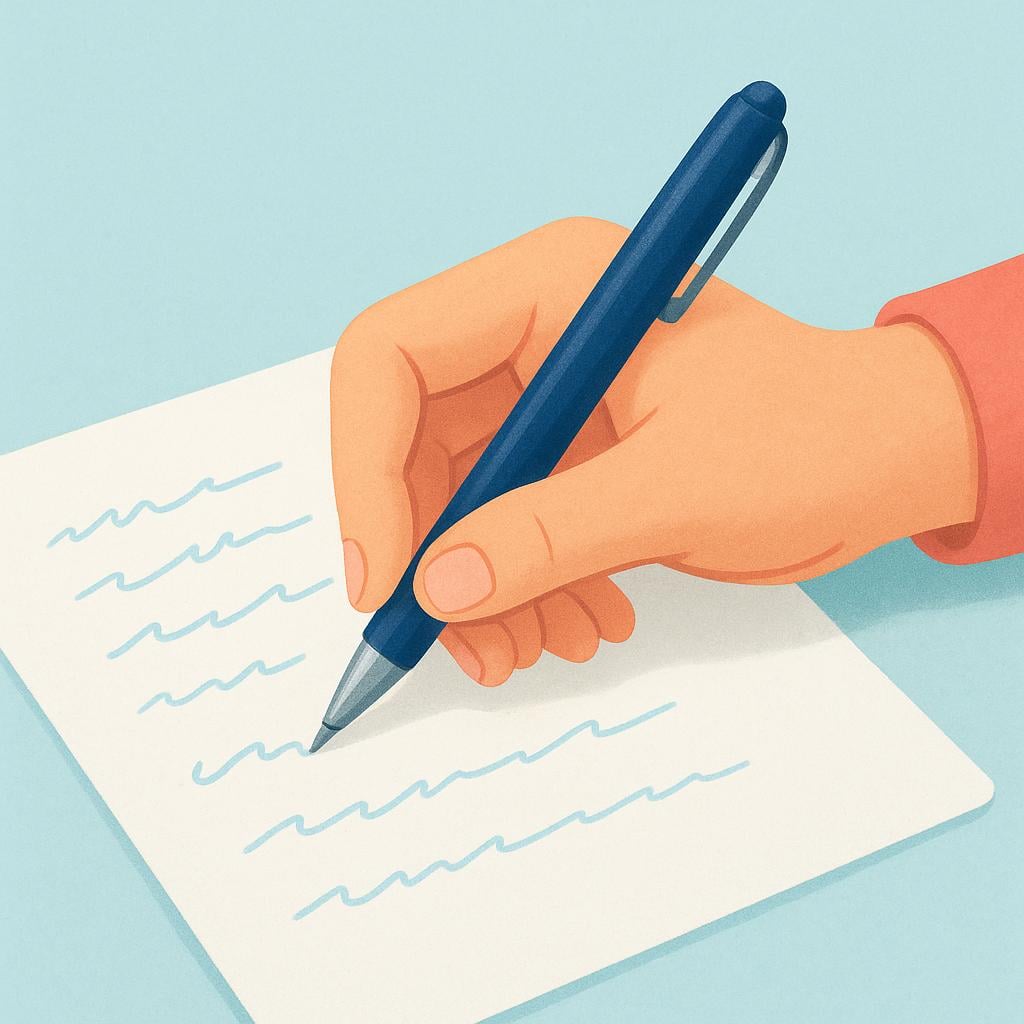 A close-up view of a human hand holding a fountain pen. The pen rests on a piece of paper that is covered in several lines of completed writing.