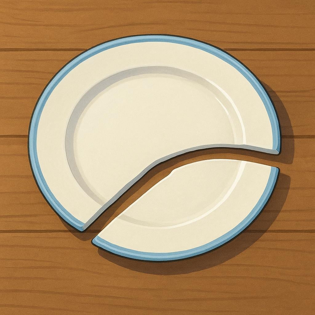 A high quality illustration of a brightly colored ceramic plate lying on a wooden table, clearly split into two distinct, separated pieces.