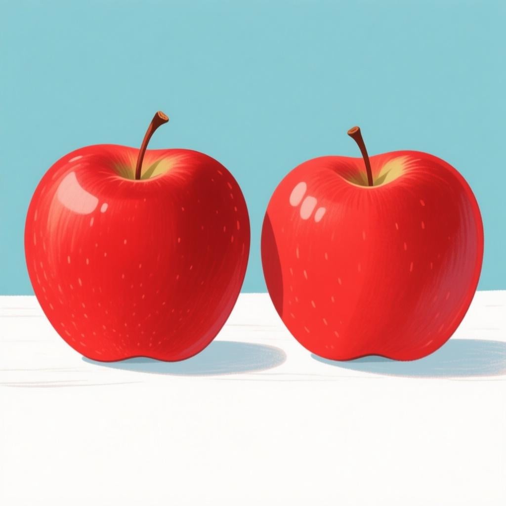Two identical bright red apples sitting next to each other on a clean white surface.