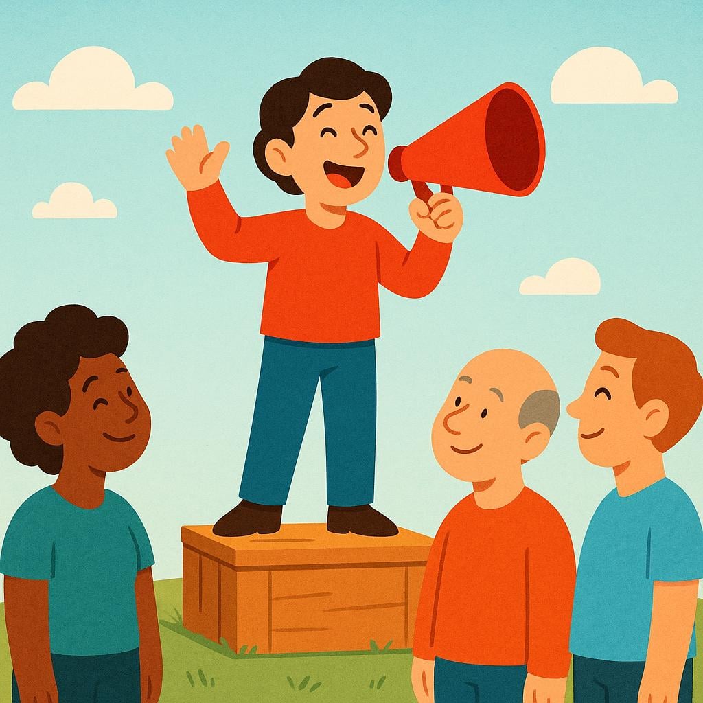 A cheerful person standing on a wooden box, holding a red megaphone, addressing three listeners who are nodding enthusiastically.