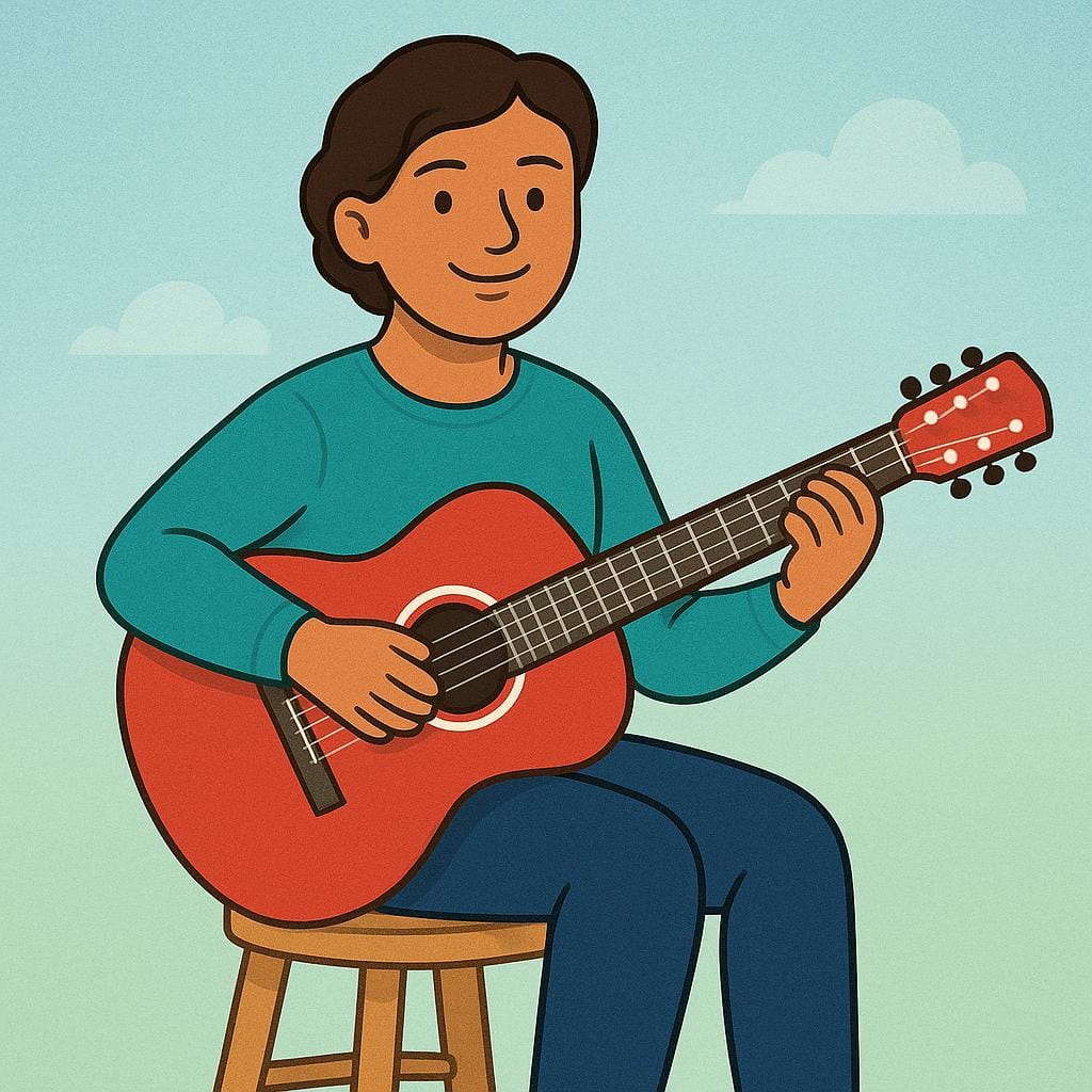 Eine farbenfrohe Illustration eines lächelnden Musikers, der auf einem Hocker sitzt und eine rote Akustikgitarre spielt.